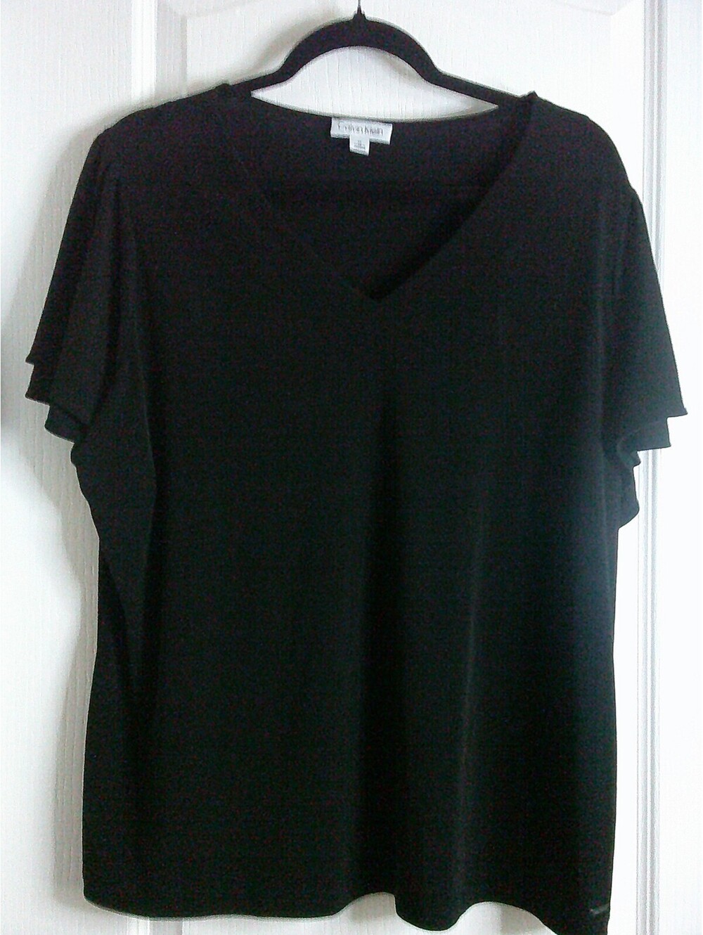 Calvin Klein Black V‑Neck Short Sleeve Top- Ruffle Sleeve